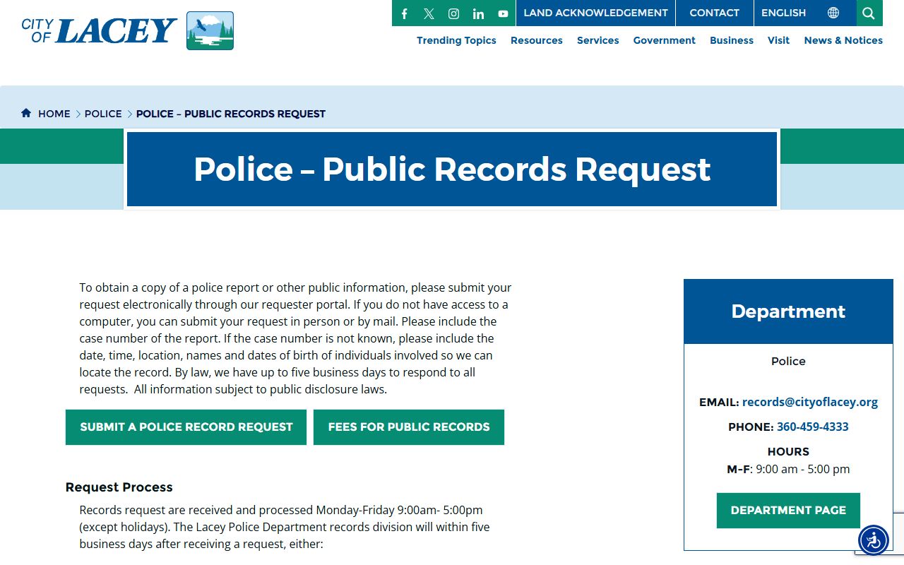 Lacey jail mugshots public records request portal