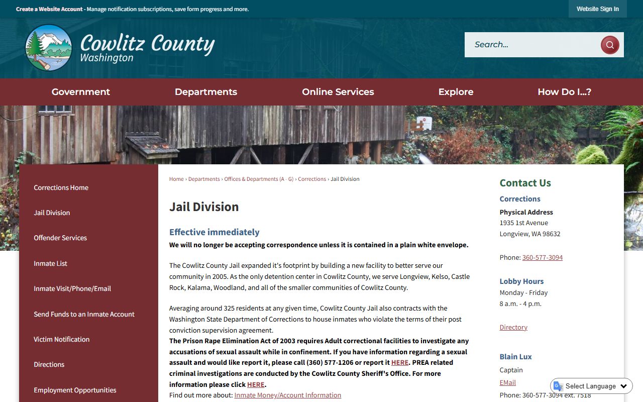 Cowlitz County jail mugshots division page
