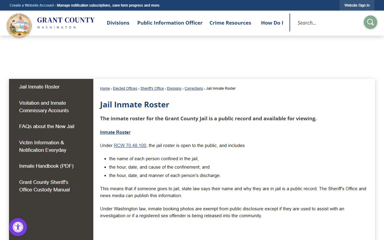 Grant County Jail Mugshots inmate roster page
