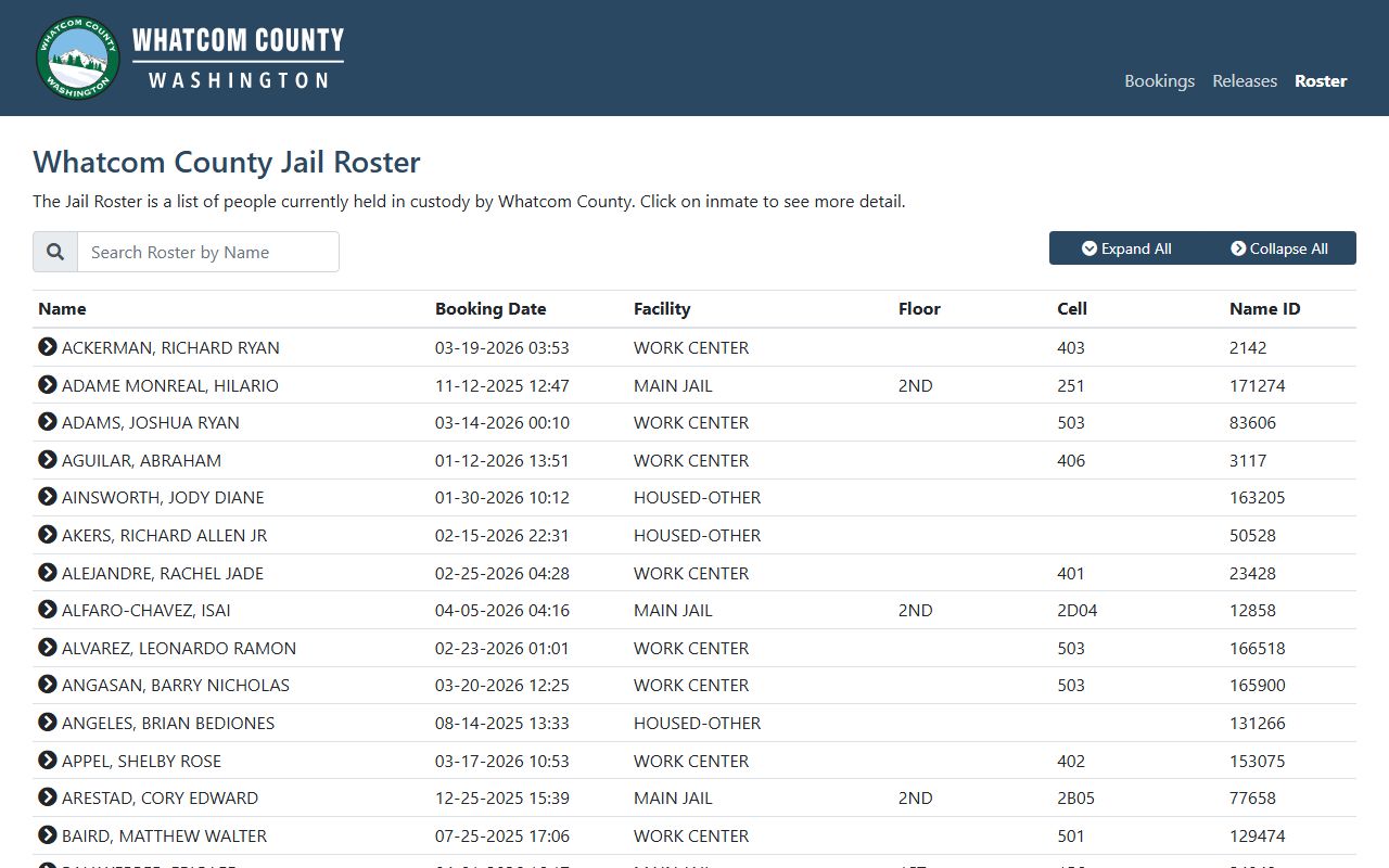 Whatcom County jail mugshots roster search tool