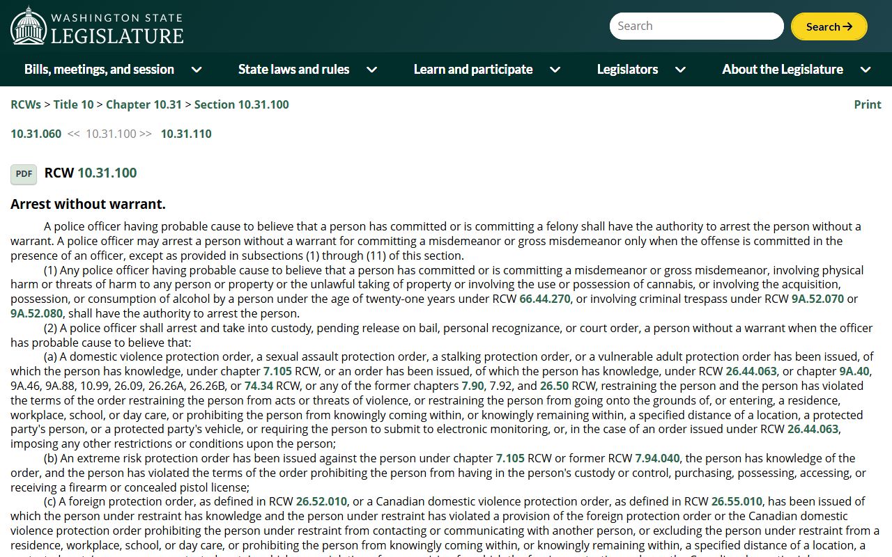 Washington jail mugshots RCW 10.31.100 arrest without warrant