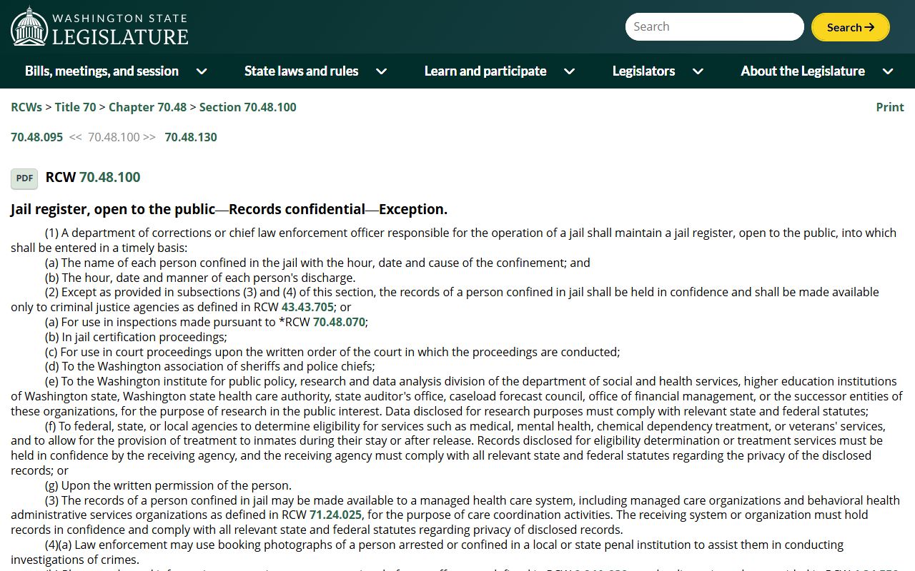 Washington jail mugshots RCW 70.48.100 jail register statute