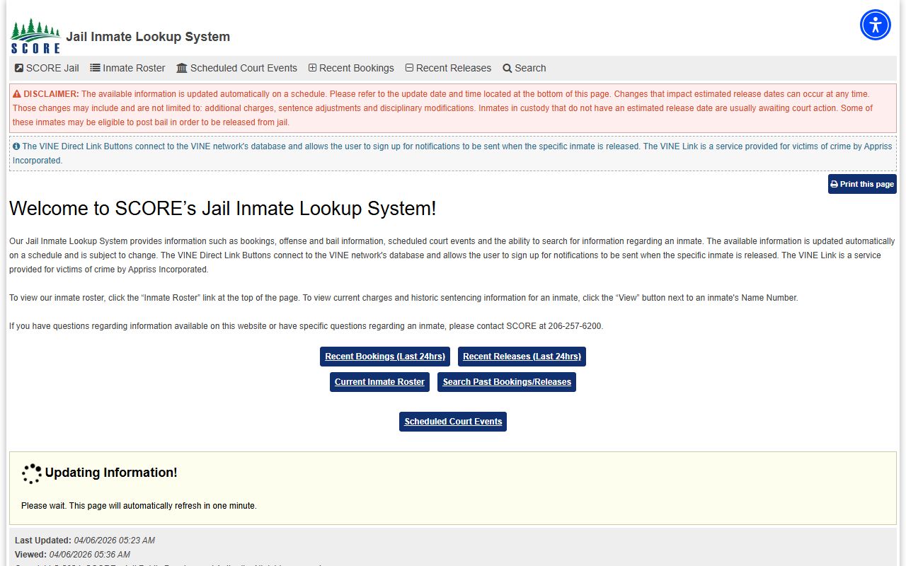 Washington jail mugshots SCORE jail inmate lookup